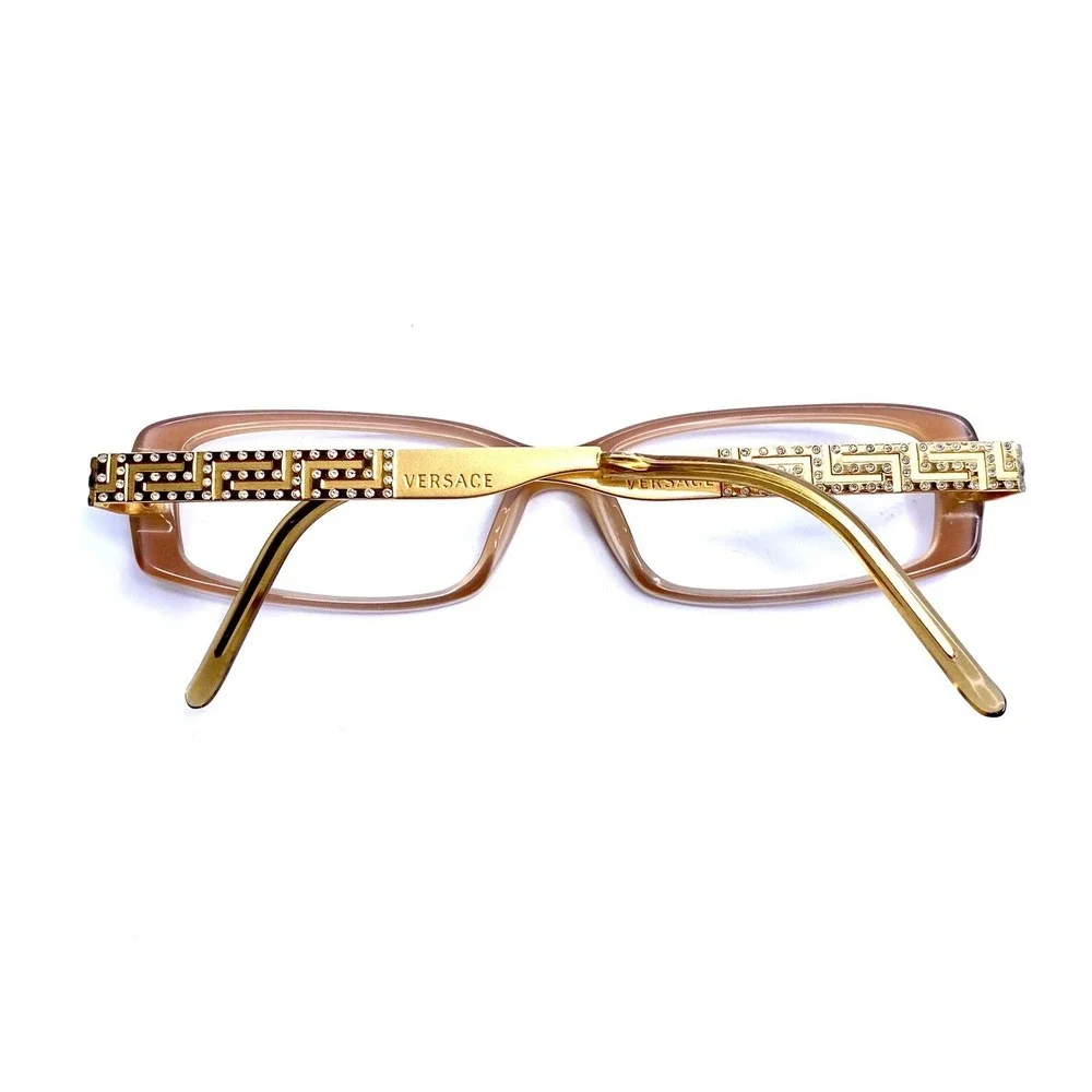 Versace Brown Beige Rectangular Eyeglasses Crystal Greek Key MOD 3093-B 592